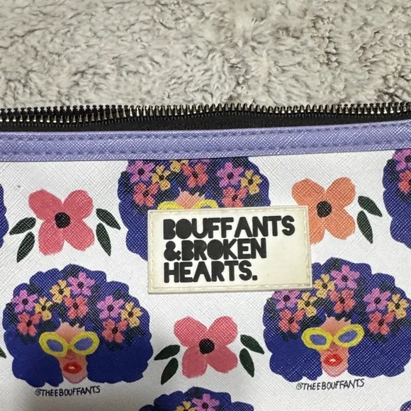 Bouffants & Broken Hearts Floral Cosmetic Bag - White with Purple Floral Print - Picture 2 of 3